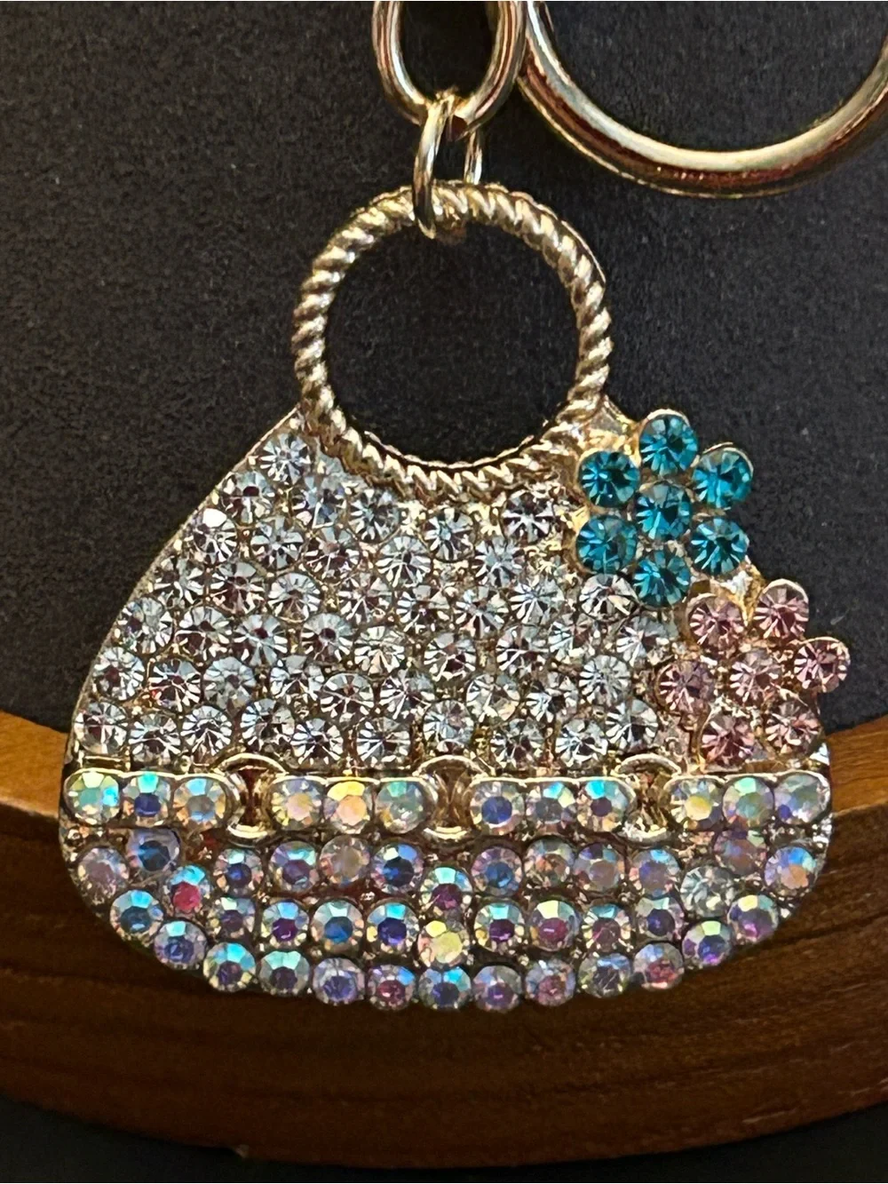 Iridescent Crystal Pavé Purse 👛 Bag Charm Keychain w/Pink & Blue Flower Accents